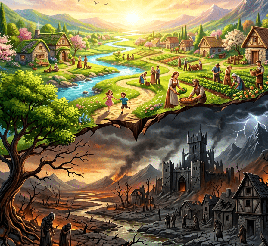 Bright peaceful village with river and farmland above dark ruined wasteland with castle and barren landscape