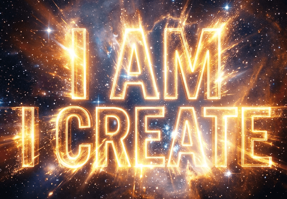Bright glowing golden text reading 'I AM I CREATE' against a star-filled cosmic background