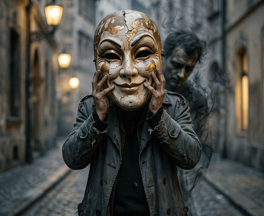 Person holding a large cracked theatrical mask with a ghostly figure behind on a cobblestone street