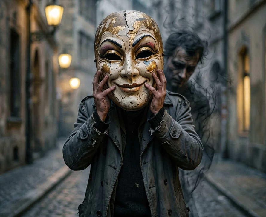 Person holding a large cracked theatrical mask with a ghostly figure behind on a cobblestone street