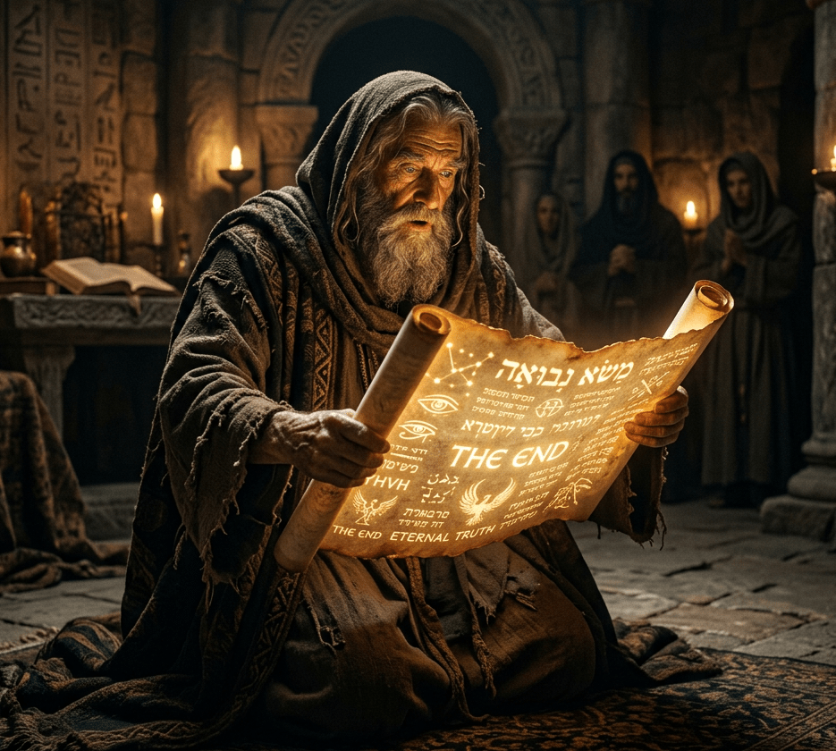 Elderly man with a long beard reading a glowing scroll indoors with hooded figures in the background